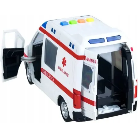 Karetka Pogotowia Zabawka dla Dzieci 1:16 | Efekty Świetlne i Dźwiękowe, Friction Power, Otwierane Drzwi | Auto Ratunkowe z Bateriami AG13 | Prezent d